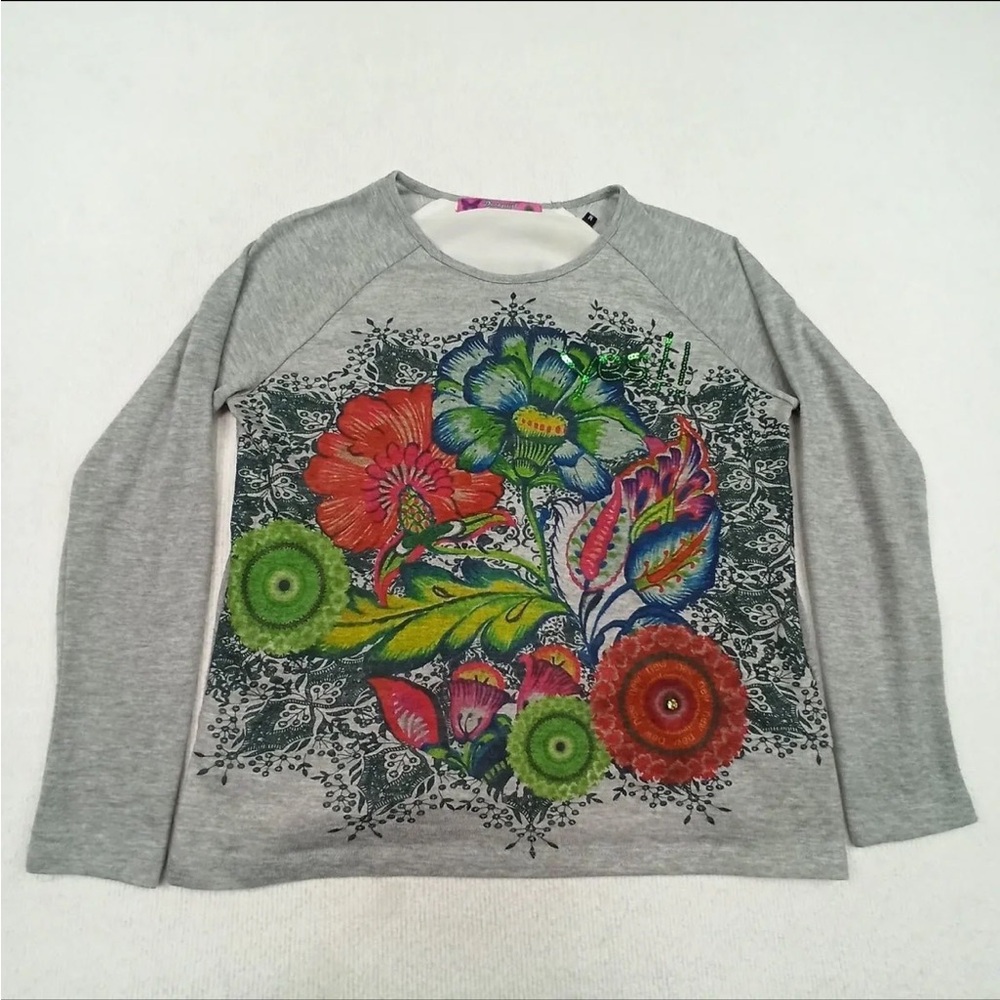 Desigual Gray Top with Blue Floral Accents